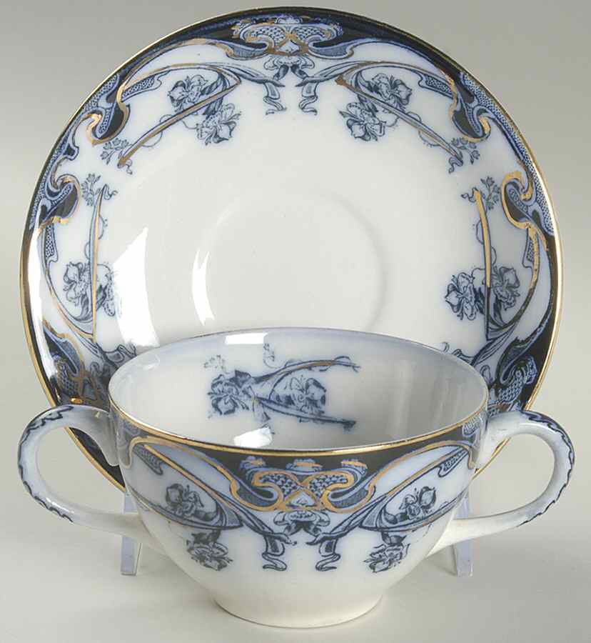 Iris Blue (Flow Blue) Flat Cream Soup Bowl & Saucer Set by Arthur J Wilkinson-1