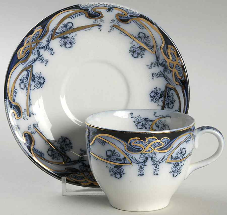 Iris Blue (Flow Blue) Flat Demitasse Cup & Saucer Set by Arthur J Wilkinson-1
