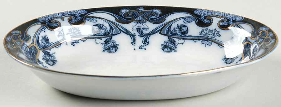 Iris Blue (Flow Blue) 8" Oval Vegetable Bowl by Arthur J Wilkinson-1
