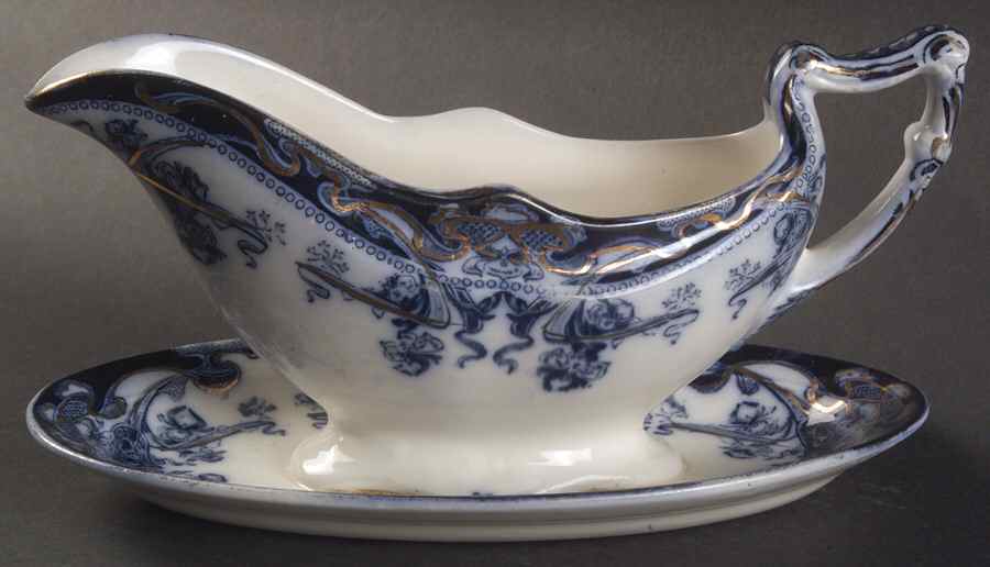 Iris Blue (Flow Blue) Gravy Boat with Attached Underplate by Arthur J Wilkinson-1