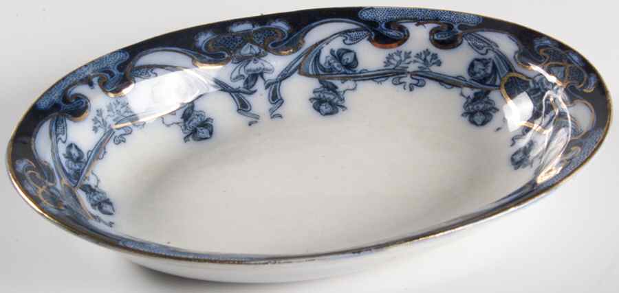 Iris Blue (Flow Blue) 10" Oval Vegetable Bowl by Arthur J Wilkinson-1