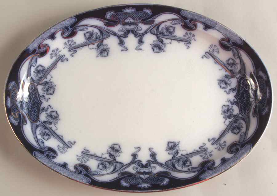 Iris Blue (Flow Blue) 11" Oval Serving Platter by Arthur J Wilkinson-1