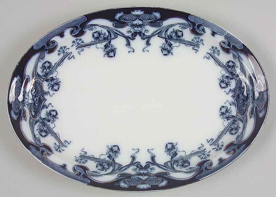 Iris Blue (Flow Blue) 13" Oval Serving Platter by Arthur J Wilkinson-1