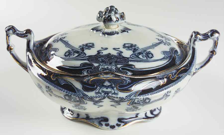 Iris Blue (Flow Blue) Round Covered Vegetable by Arthur J Wilkinson-1