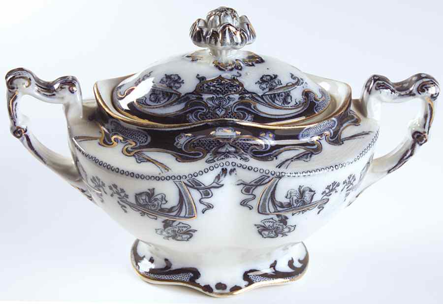 Iris Blue (Flow Blue) Sugar Bowl & Lid by Arthur J Wilkinson-1