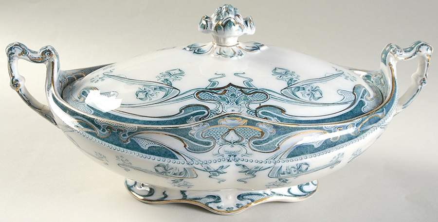Iris Blue Green (Gold Accents) Oval Covered Vegetable by Arthur J Wilkinson-1