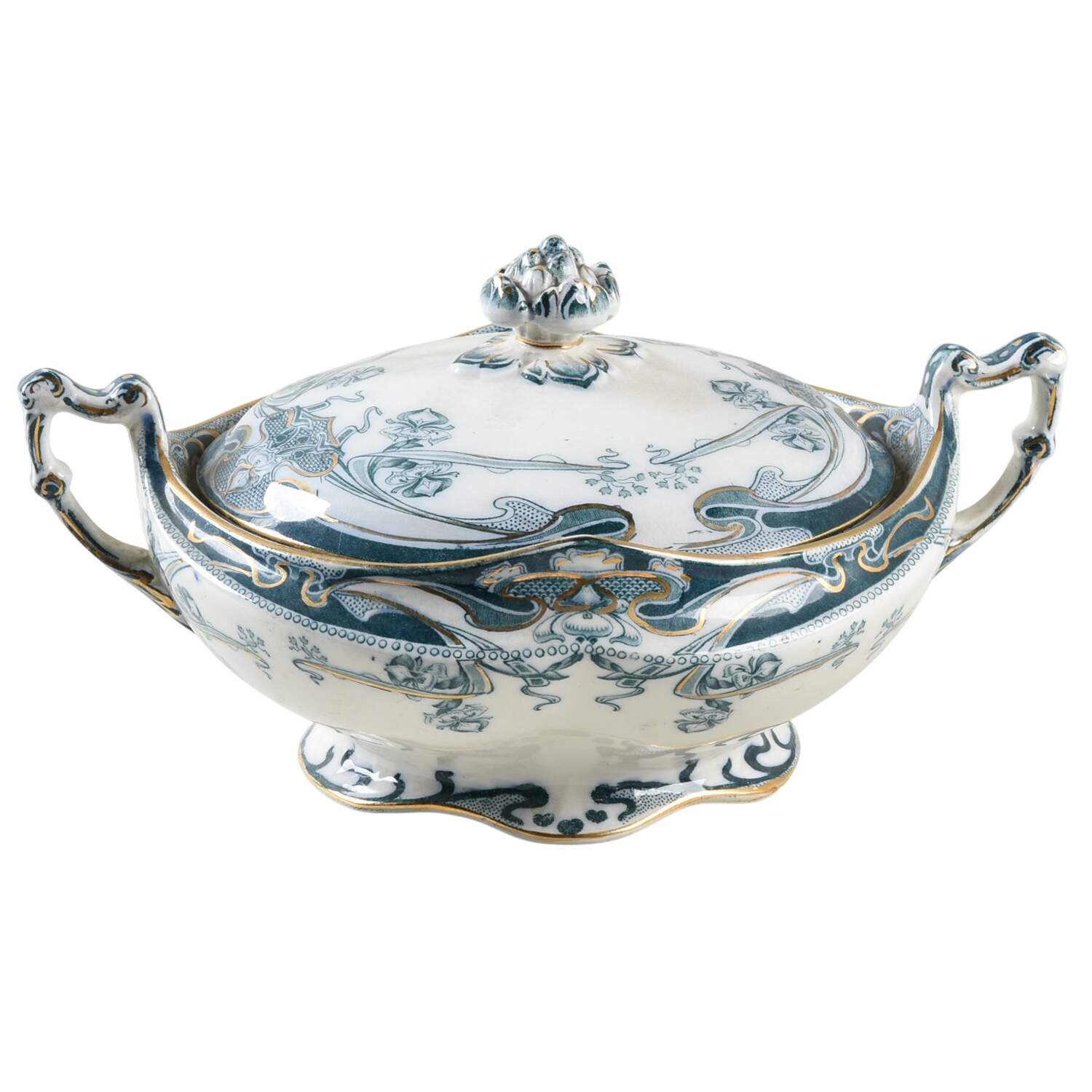 Iris Blue Green (Gold Accents) Round Covered Vegetable by Arthur J Wilkinson-1