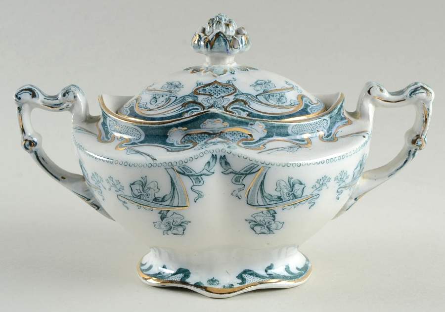 Iris Blue Green (Gold Accents) Sugar Bowl & Lid by Arthur J Wilkinson-1
