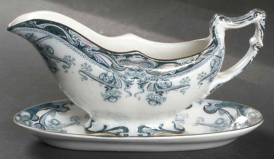 Iris Blue Green (Gold Accents) Gravy Boat & Underplate by Arthur J Wilkinson-1