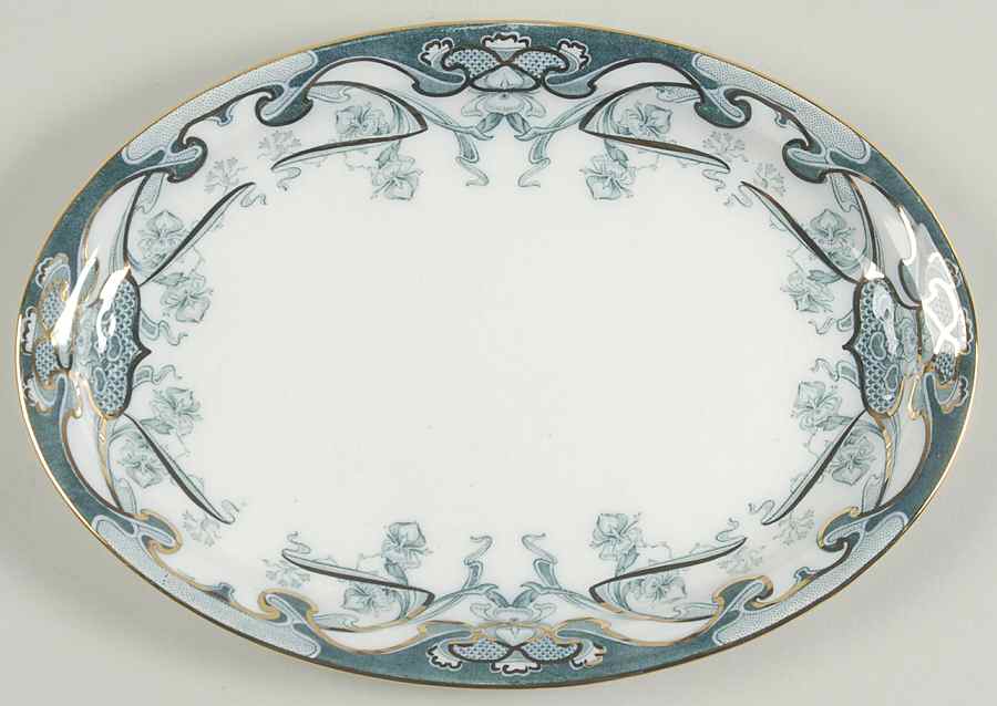 Iris Blue Green (Gold Accents) 11" Oval Serving Platter by Arthur J Wilkinson-1