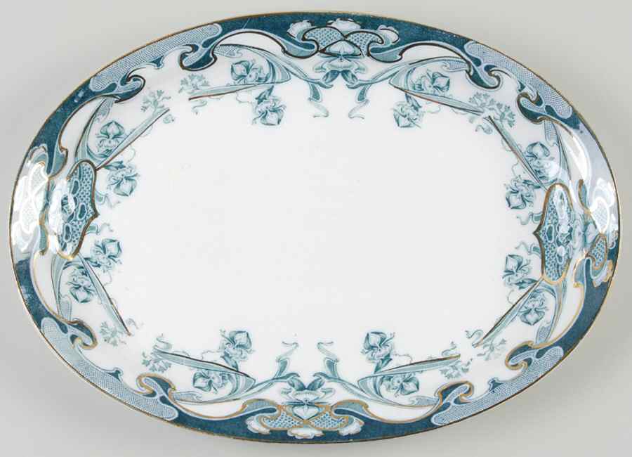 Iris Blue Green (Gold Accents) 12" Oval Serving Platter by Arthur J Wilkinson-1