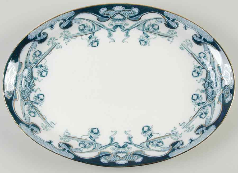 Iris Blue Green (Gold Accents) 13" Oval Serving Platter by Arthur J Wilkinson-1