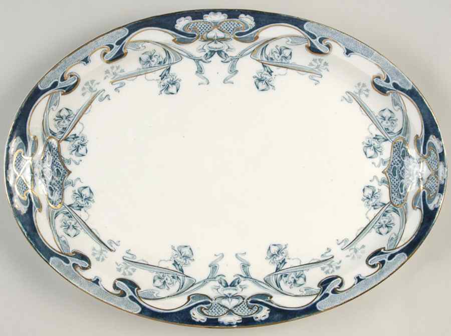 Iris Blue Green (Gold Accents) 14" Oval Serving Platter by Arthur J Wilkinson-1