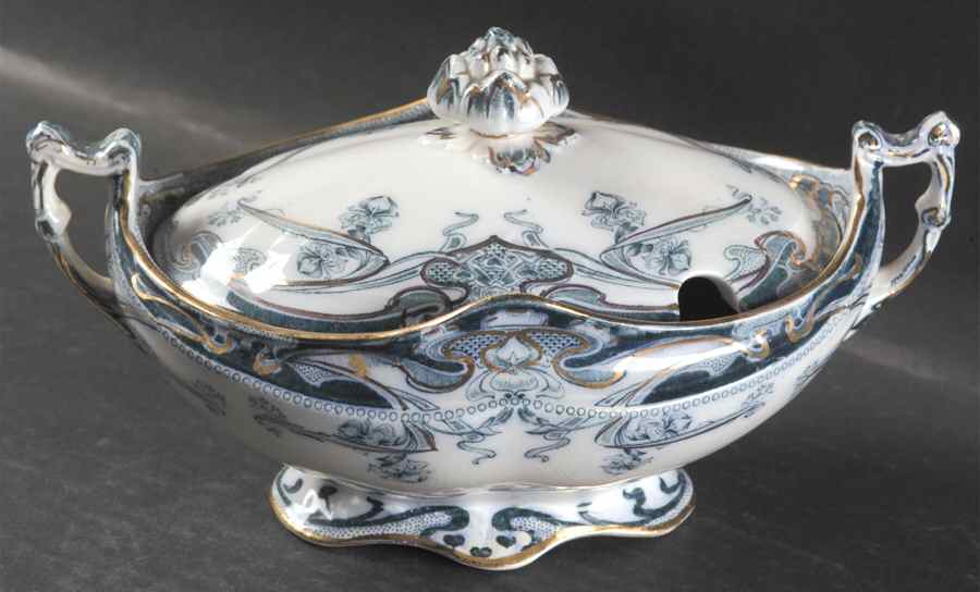 Iris Blue Green (Gold Accents) Sauce Boat & Lid by Arthur J Wilkinson-1