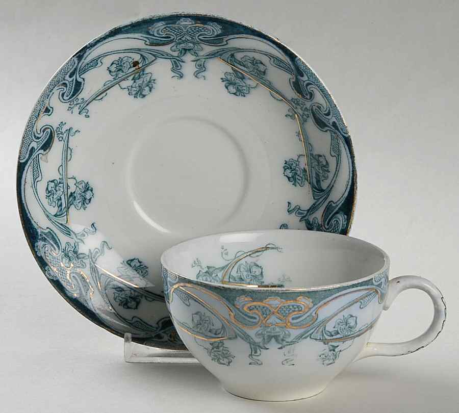 Iris Blue Green (Gold Accents) Flat Cup & Saucer Set by Arthur J Wilkinson-1