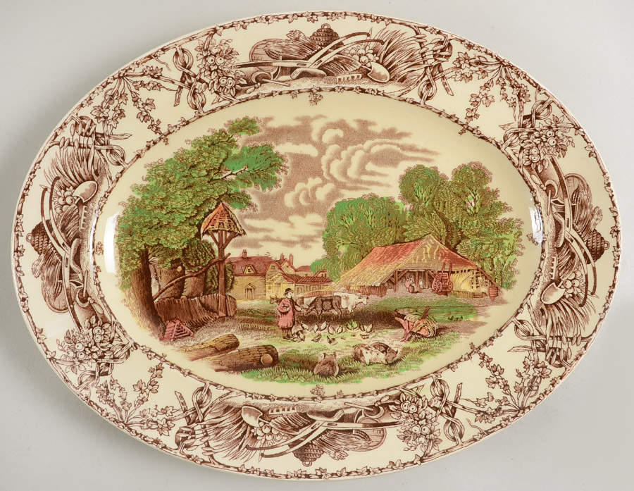 Rural Scenes Brown Multicolor 13" Oval Serving Platter by Arthur J Wilkinson-1