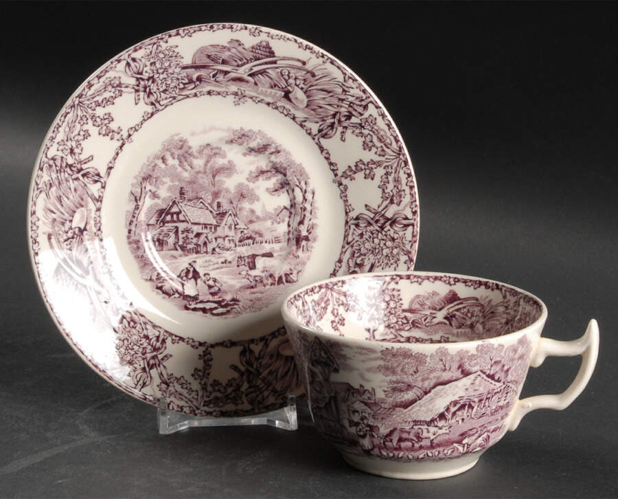 Rural Scenes Purple (Round) Flat Cup & Saucer Set by Arthur J Wilkinson-1