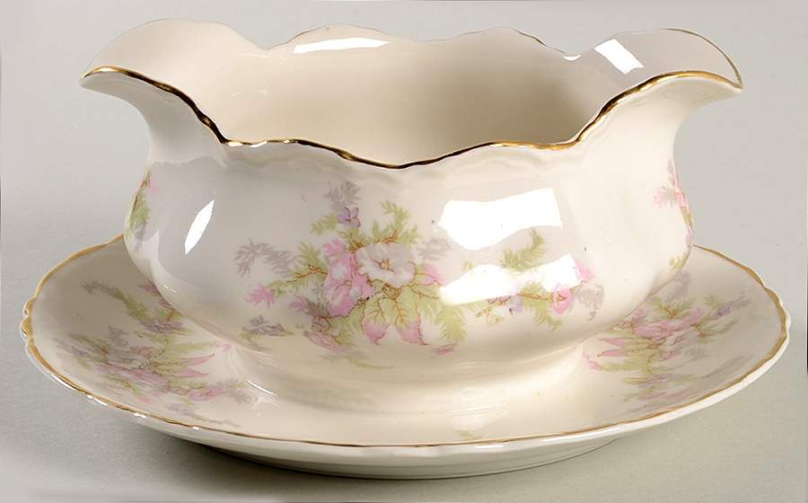 Apple Blossom (Thin Gold Trim) Gravy Boat with Attached Underplate by Warwick-1