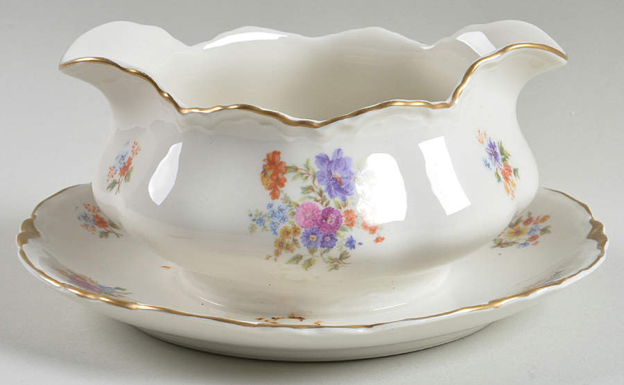 Bouquet Dresden (Scalloped) Gravy Boat with Attached Underplate by Warwick-1