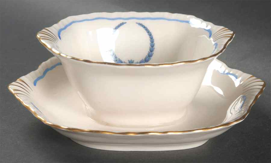 Neo Classic Blue (Scallop. Gold) Gravy Boat with Attached Underplate by Warwick-1