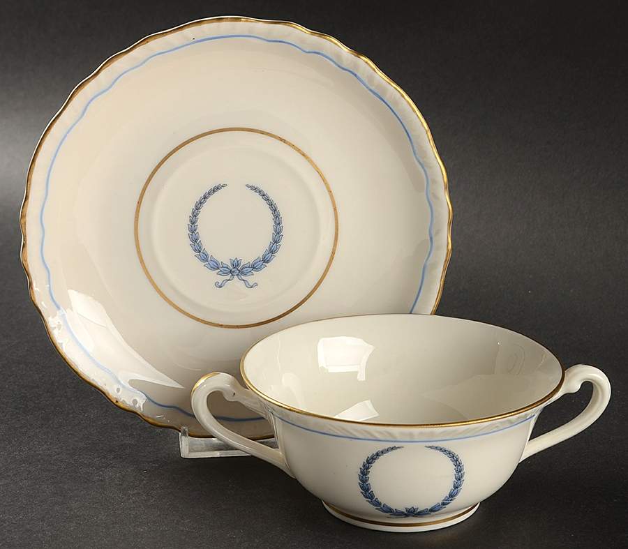 Neo Classic Blue (Scallop. Gold) Footed Cream Soup Bowl & Saucer Set by Warwick-1