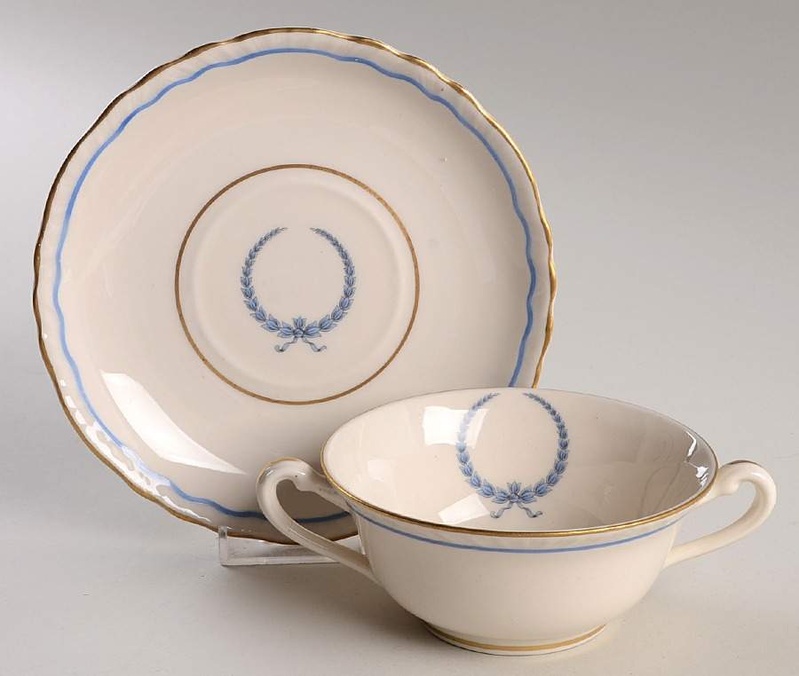 Neo Classic Blue (Scallop. Gold) Footed Cream Soup Bowl & Saucer Set by Warwick-1