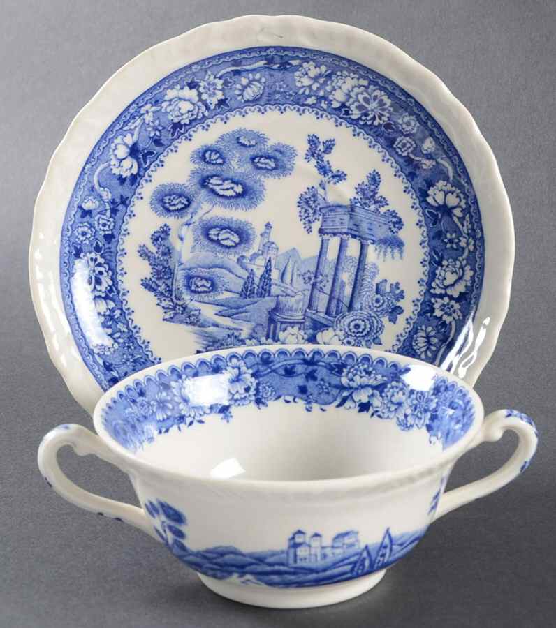 Tudor Rose Blue Footed Cream Soup Bowl & Saucer Set by Warwick-1