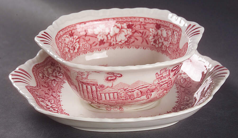 Tudor Rose Pink Gravy Boat with Attached Underplate by Warwick-1