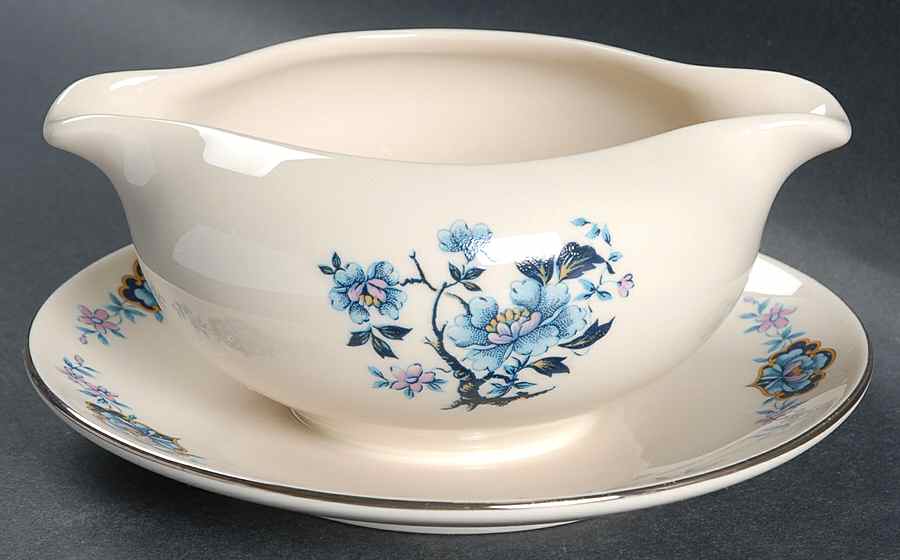 Blue Rose Gravy Boat with Attached Underplate by Woodmere-1