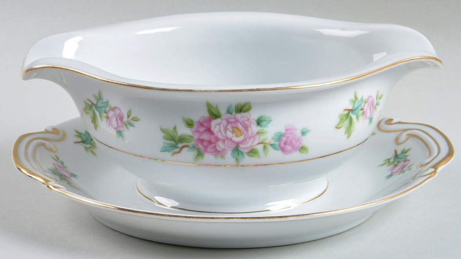 Pink Peony Round Gravy Boat/Attached Underplate by Wentworth-1