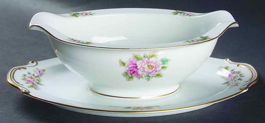 Pink Peony Gravy Boat with Attached Underplate by Wentworth-1