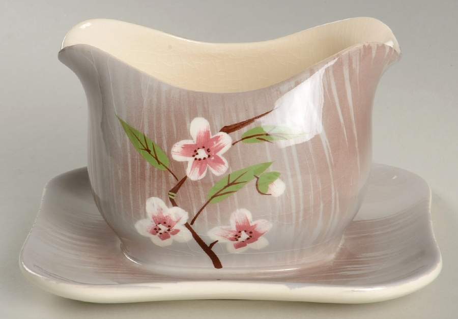 Birchwood Gray Gravy Boat with Attached Underplate by Weil Ware-1