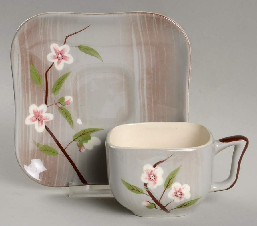 Birchwood Gray Flat Cup & Saucer Set by Weil Ware-1