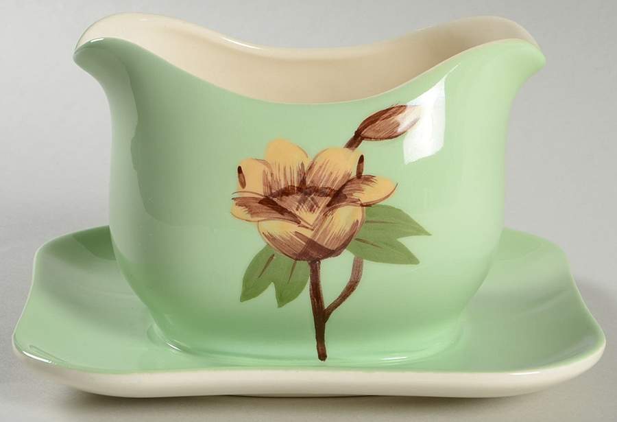 Rose Green Gravy Boat with Attached Underplate by Weil Ware-1