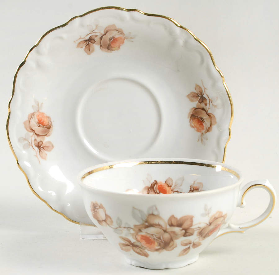 Brown Bouquet (Gold Trim) Flat Cup & Saucer Set by Winterling - Bavaria-1
