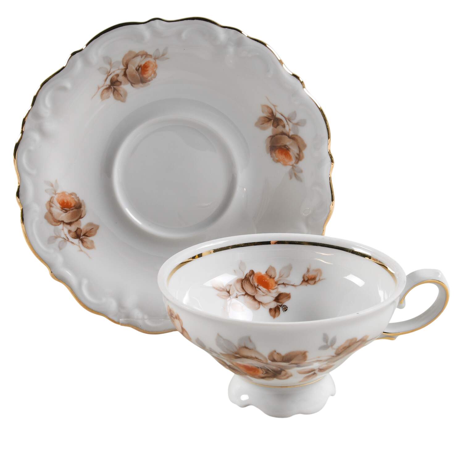 Brown Bouquet (Gold Trim) Footed Cup & Saucer Set by Winterling - Bavaria-1