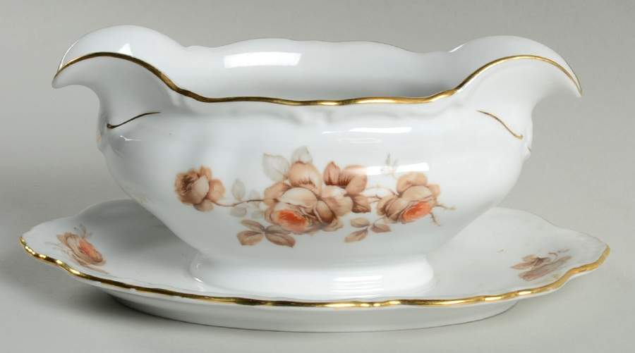 Brown Bouquet (Gold Trim) Gravy Boat with Attached Underplate by Winterling - Bavaria-1