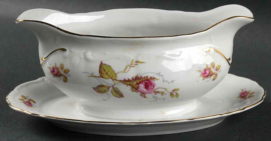 Moss Rose Gravy Boat with Attached Underplate by Winterling - Bavaria-1