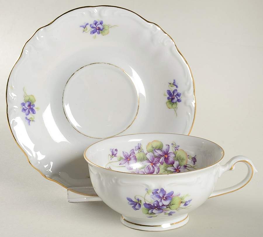 Violets Footed Cup & Saucer Set by Winterling - Bavaria-1