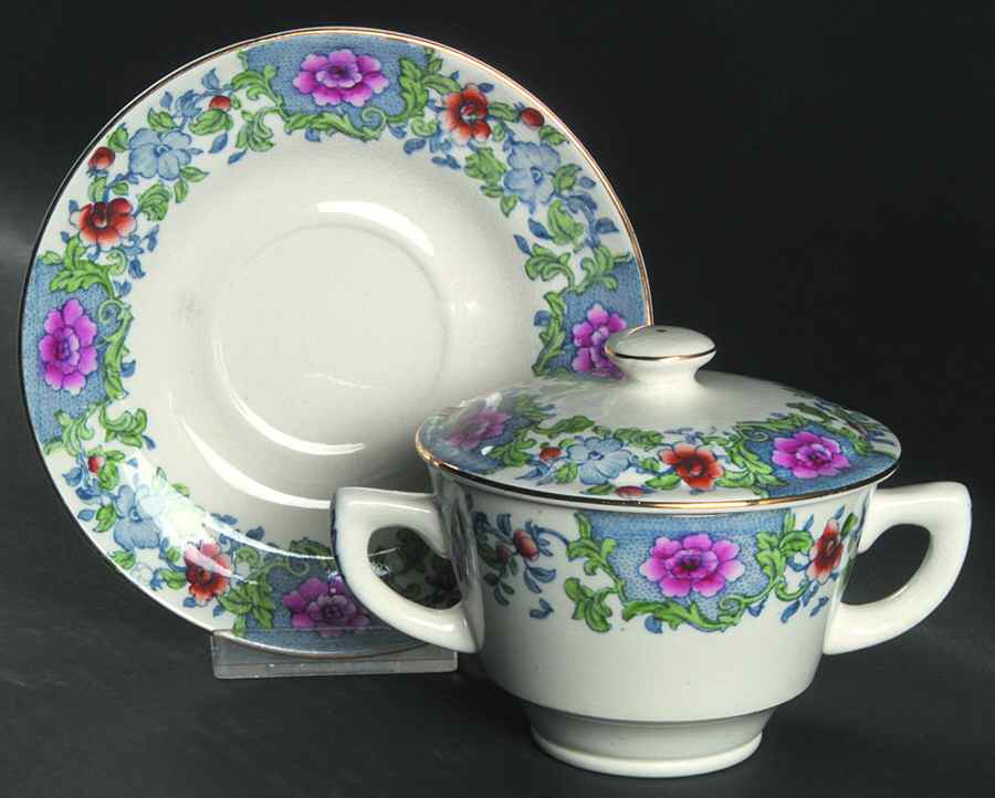 Antique Pink Footed Bouillon Cup and Saucer with Lid by F Winkle-1