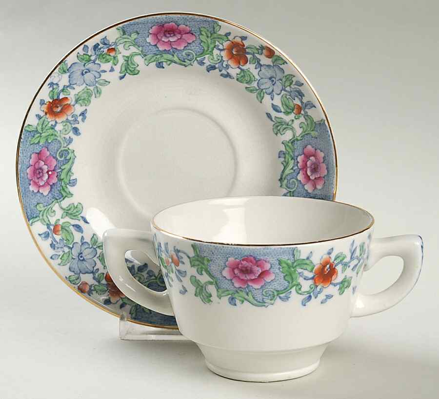 Antique Pink Flat Bouillon Cup & Saucer by F Winkle-1