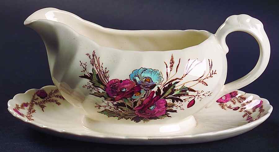 Harvest Brown Multicolor (Pink Floral Rim) Gravy Boat with Attached Underplate by Arthur J Wilkinson-1