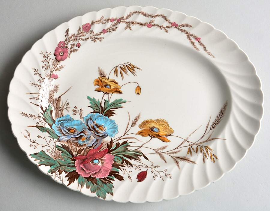 Harvest Brown Multicolor (Pink Floral Rim) 12" Oval Serving Platter by Arthur J Wilkinson-1