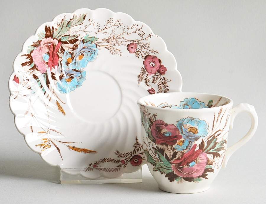 Harvest Brown Multicolor (Pink Floral Rim) Flat Demitasse Cup & Saucer Set by Arthur J Wilkinson-1