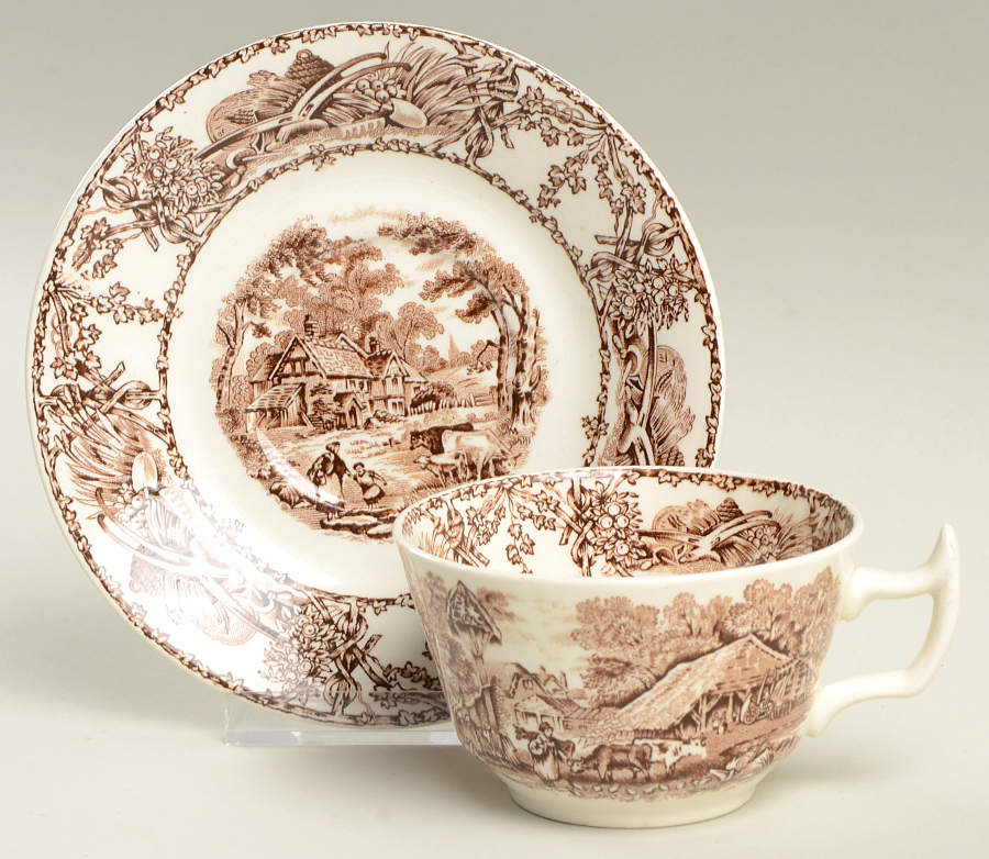 Pastoral Davenport Brown Flat Cup & Saucer Set by Arthur J Wilkinson-1