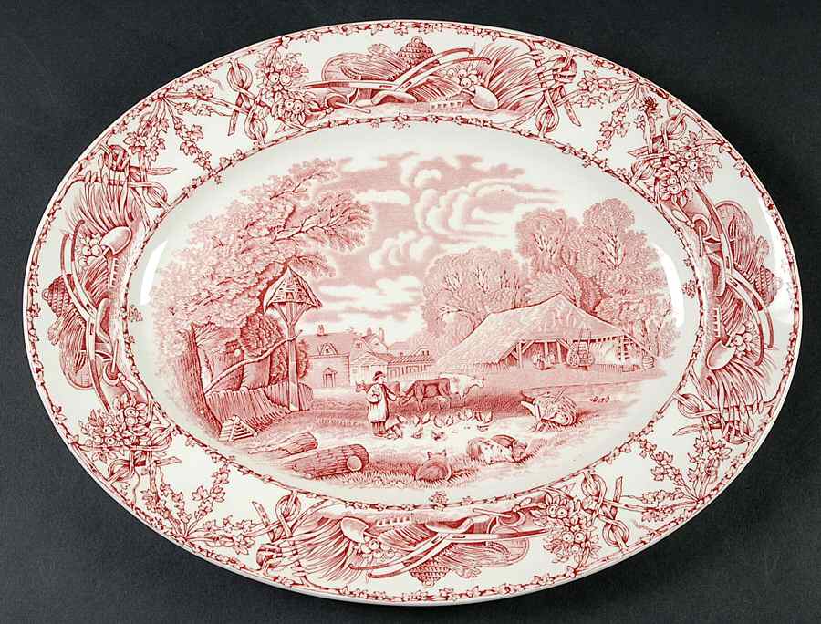 Pastoral Davenport Red 14" Oval Serving Platter by Arthur J Wilkinson-1