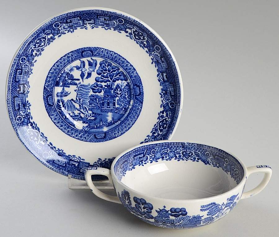 Blue Willow (Older) Flat Cream Soup Bowl & Saucer Set by Wood & Sons-1