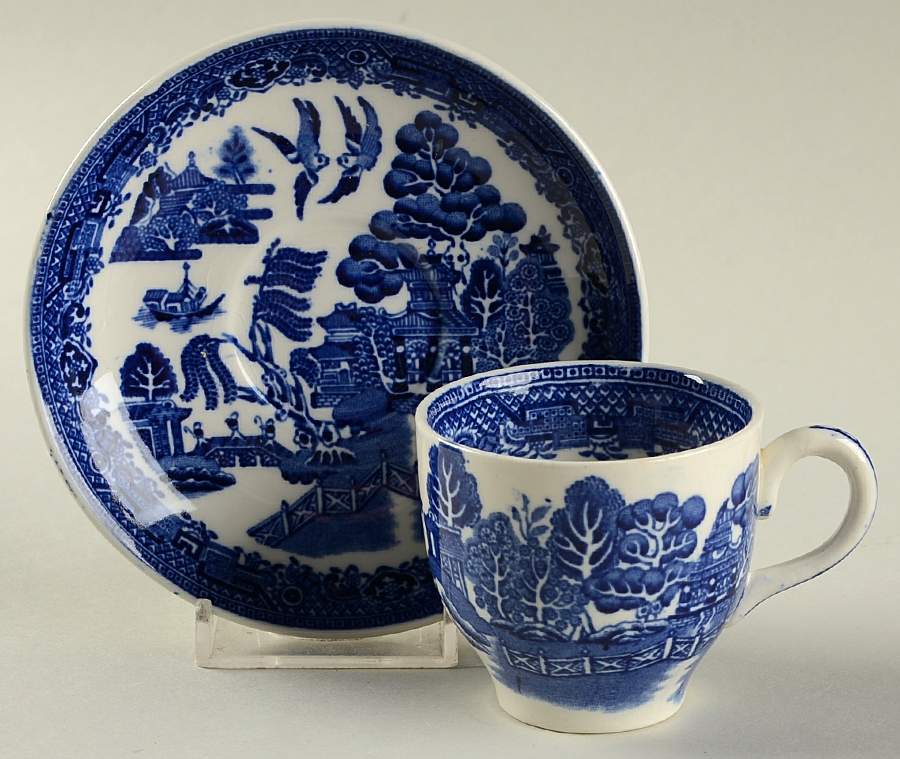 Blue Willow (Older) Flat Demitasse Cup & Saucer Set by Wood & Sons-1
