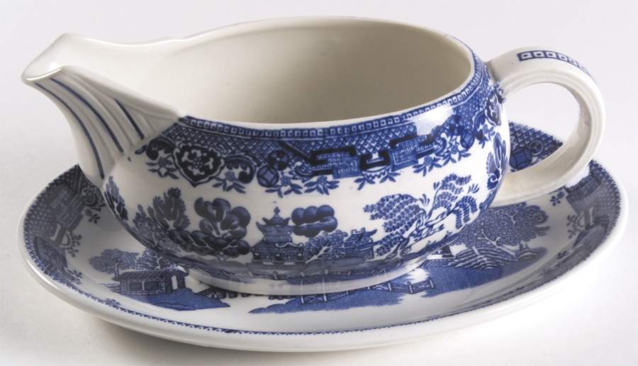 Blue Willow (Older) Gravy Boat & Underplate/Relish by Wood & Sons-1