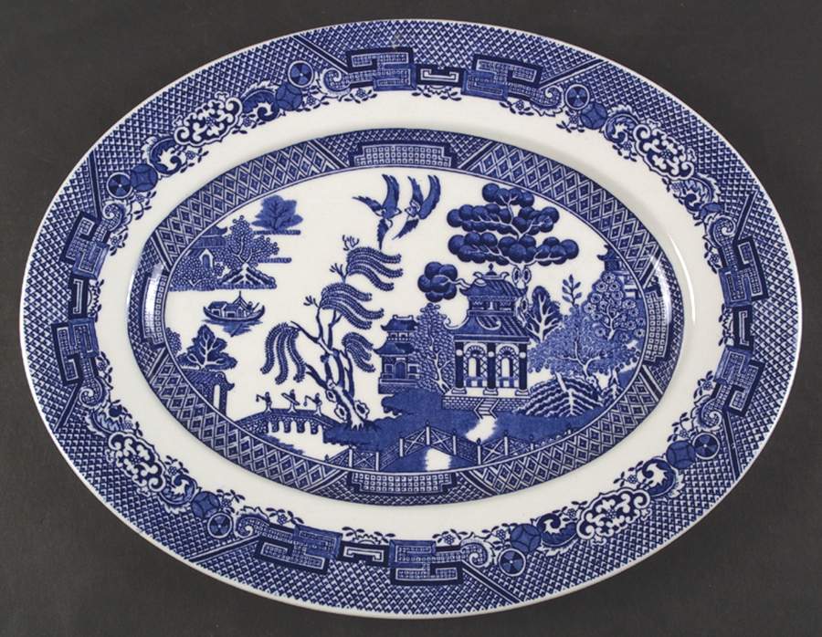 Blue Willow (Older) 14" Oval Serving Platter by Wood & Sons-1